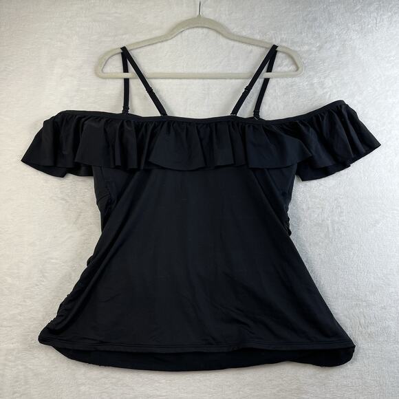 City Chic Plus S 16 Swimsuit Elba Tankini Top Off The Shoulder Ruched Black - Picture 11 of 15